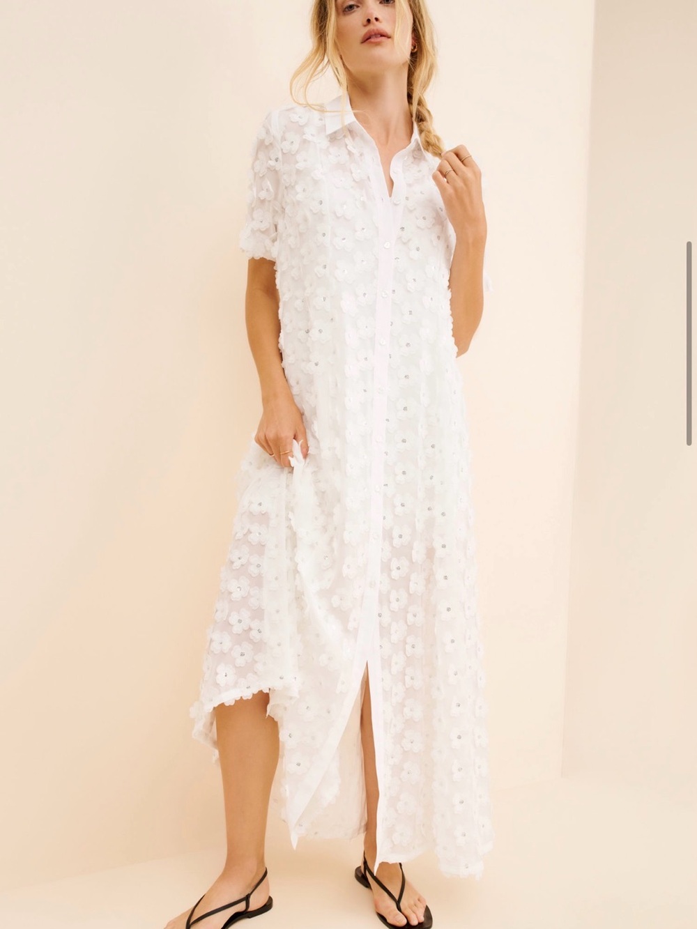 Anthropologie. White Floral Appliqué Maxi Shirt Dress